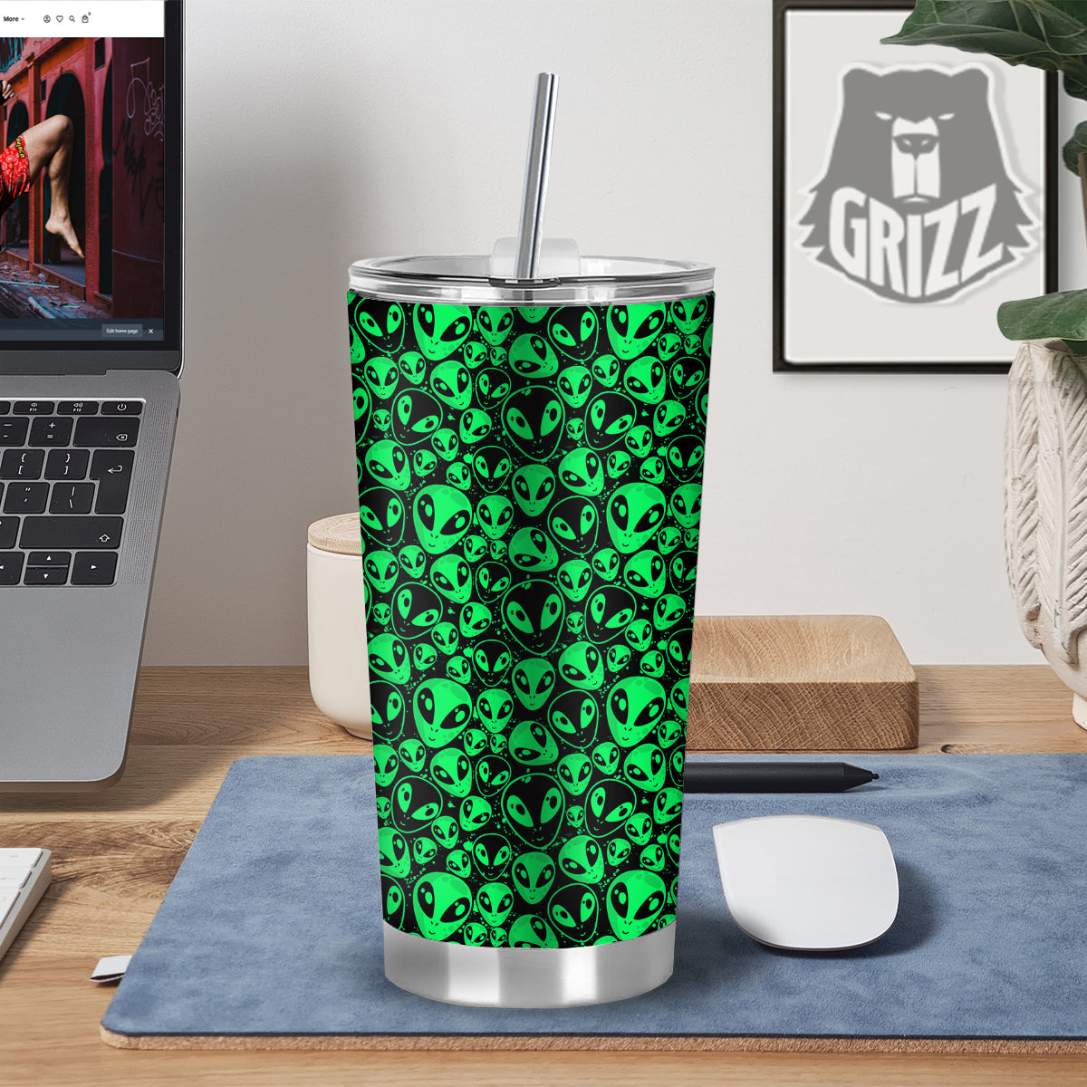 Cute Green Alien Print Pattern Tumbler-grizzshop