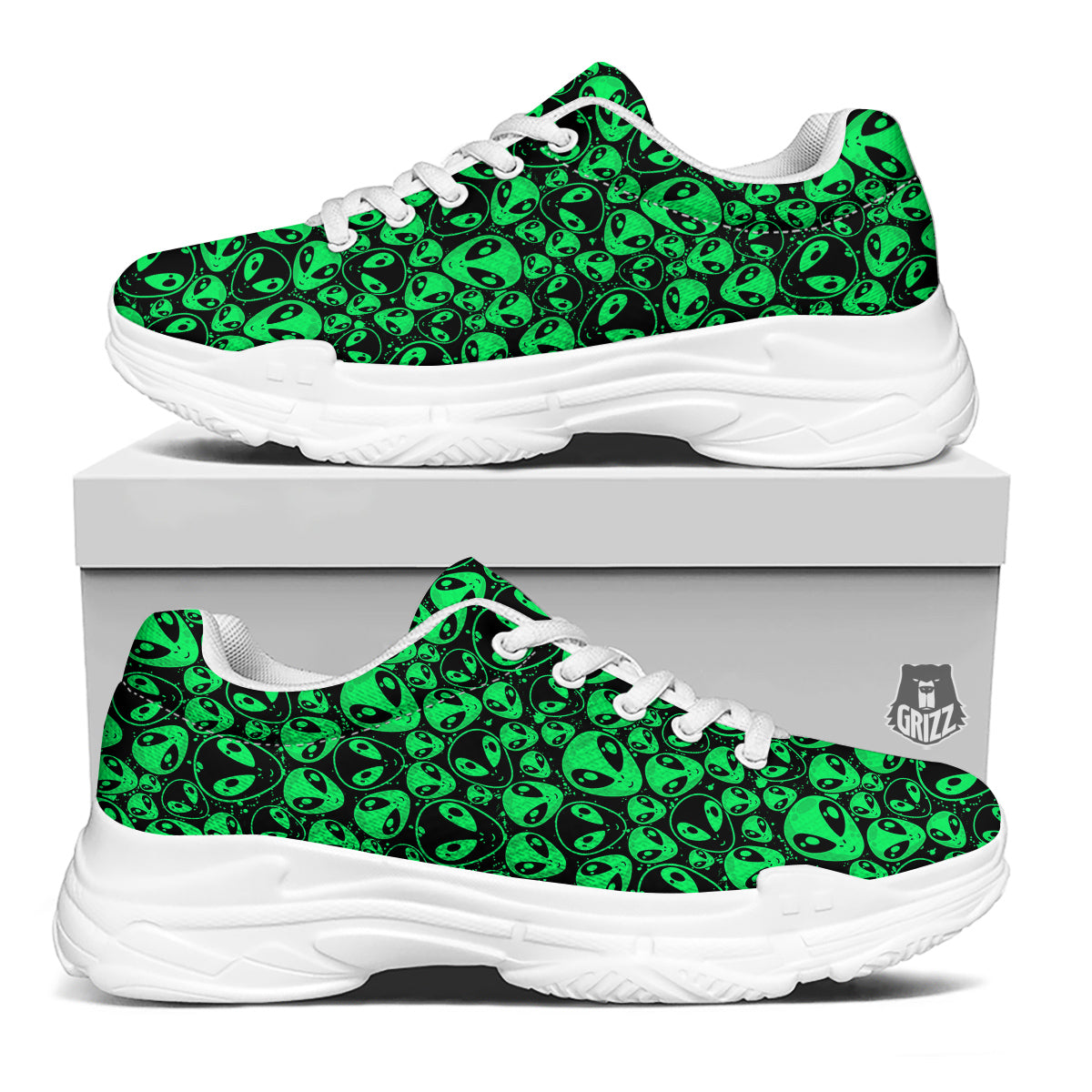 Cute Green Alien Print Pattern White Chunky Shoes-grizzshop
