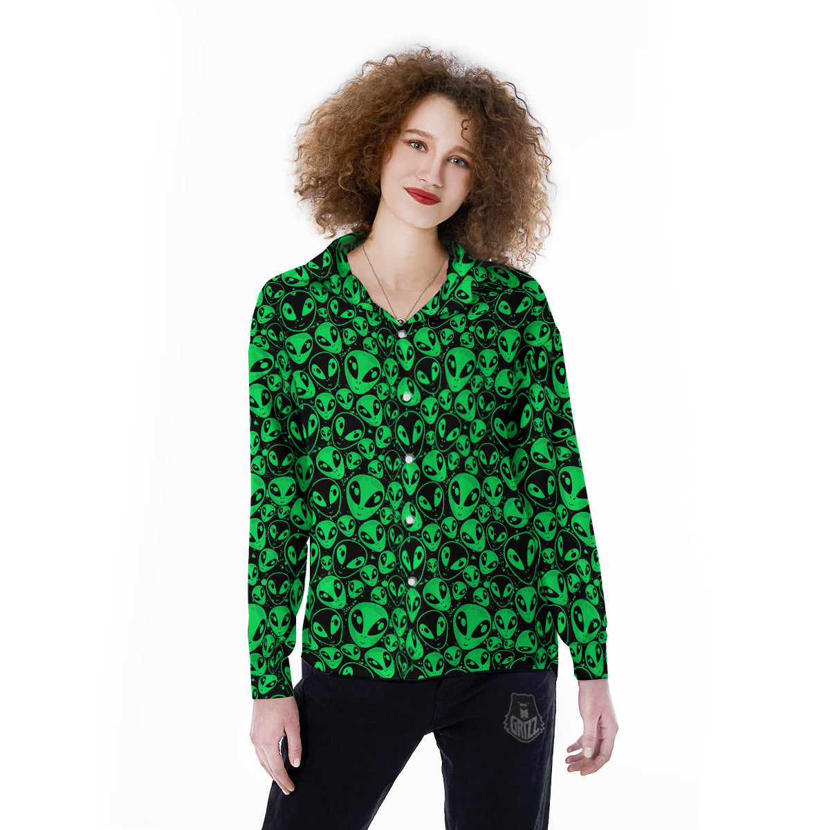 Cute Green Alien Print Pattern Women's Long Sleeve Shirts-grizzshop