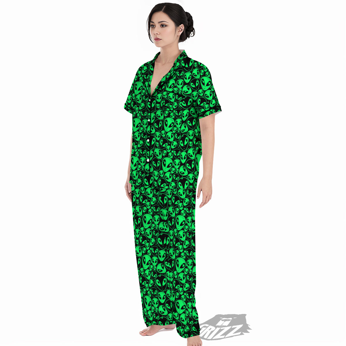 Cute Green Alien Print Pattern Women's Pajamas Set-grizzshop