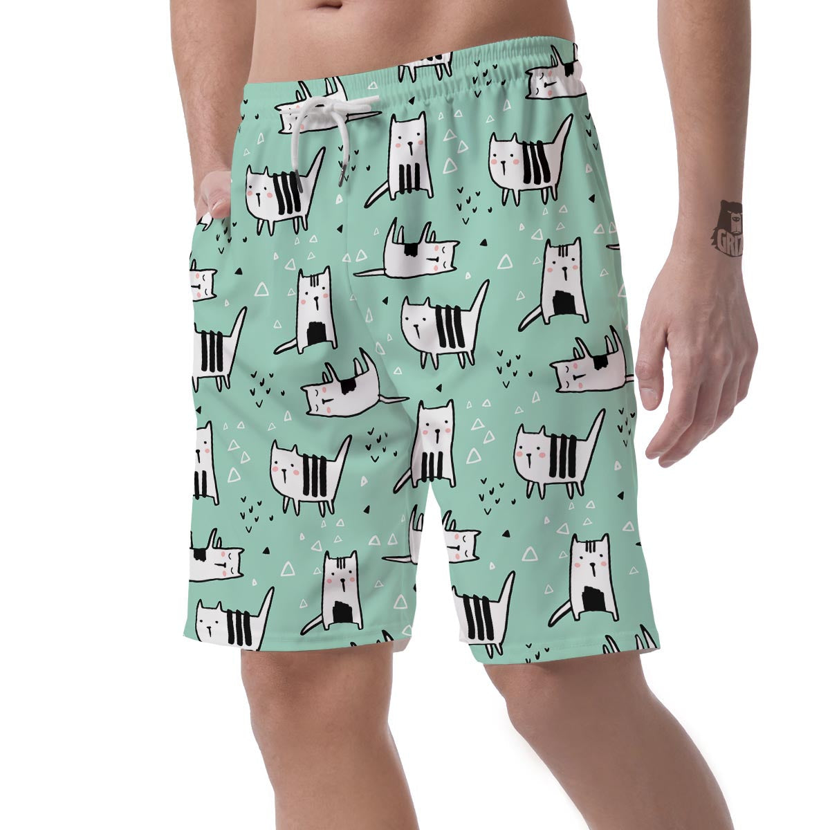 Cute Green Doodle Cat Print Men's Shorts-grizzshop