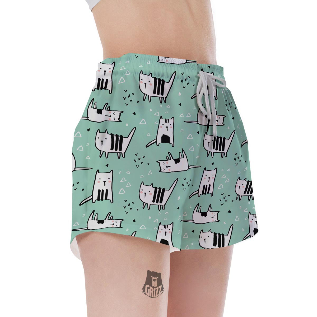 Cute Green Doodle Cat Print Women's Shorts-grizzshop