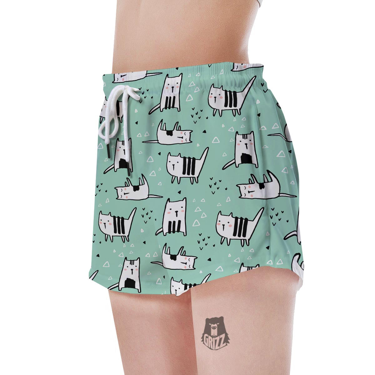Cute Green Doodle Cat Print Women's Shorts-grizzshop