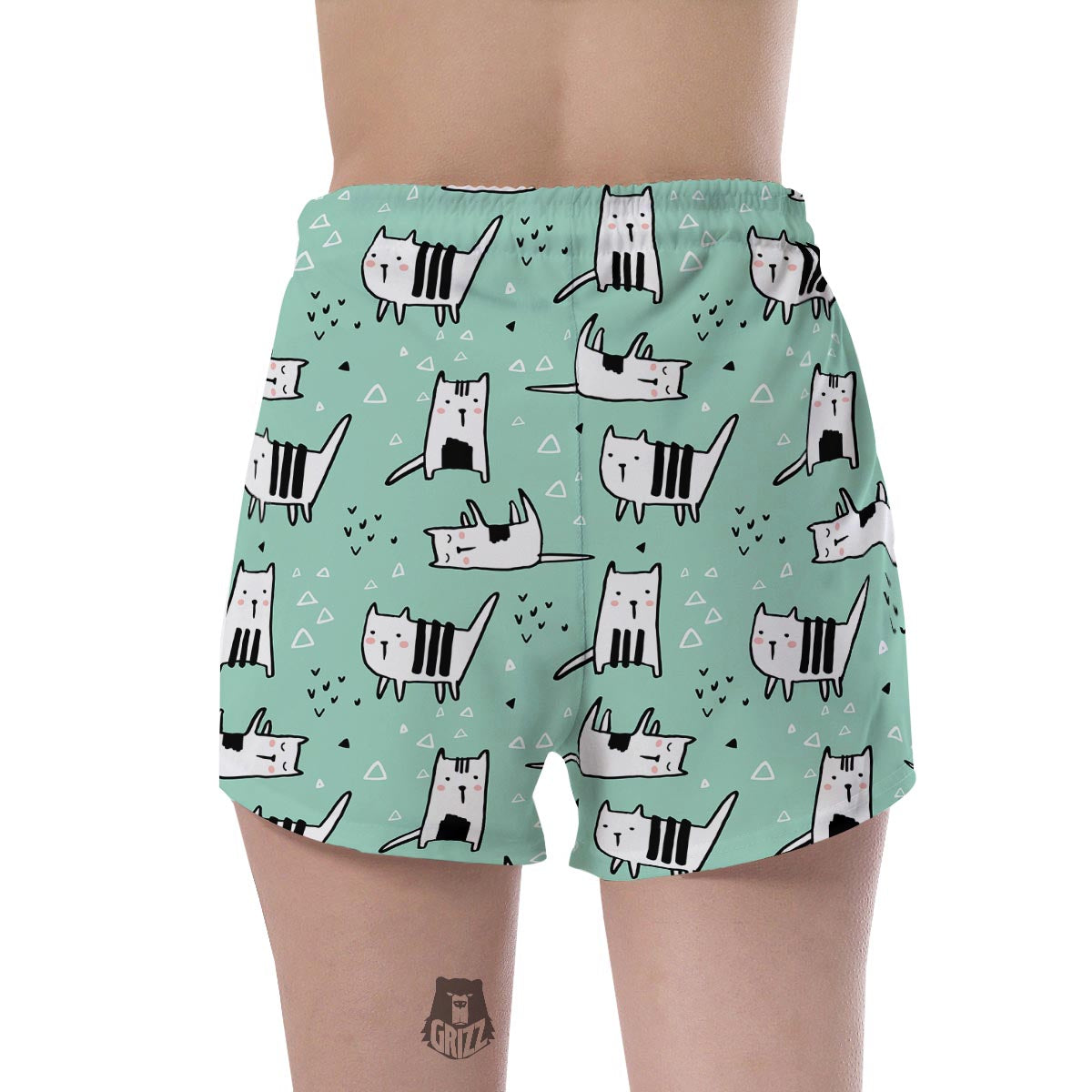 Cute Green Doodle Cat Print Women's Shorts-grizzshop