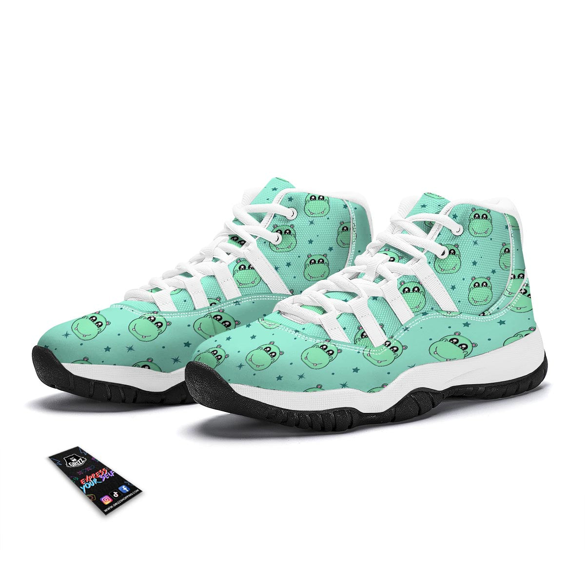 Cute Hippo Pattern Print White Bball Shoes-grizzshop