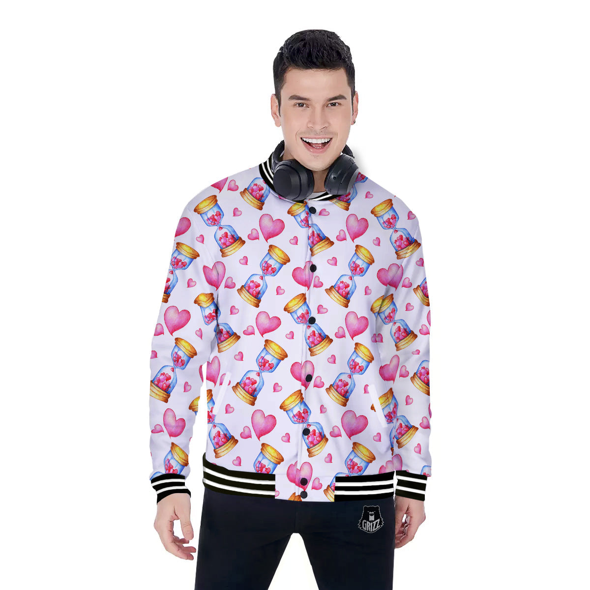 Cute Hourglass Hearts Print Pattern Baseball Jacket-grizzshop