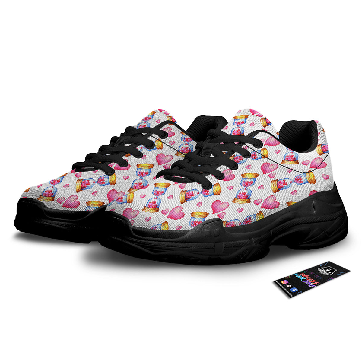 Cute Hourglass Hearts Print Pattern Black Chunky Shoes-grizzshop