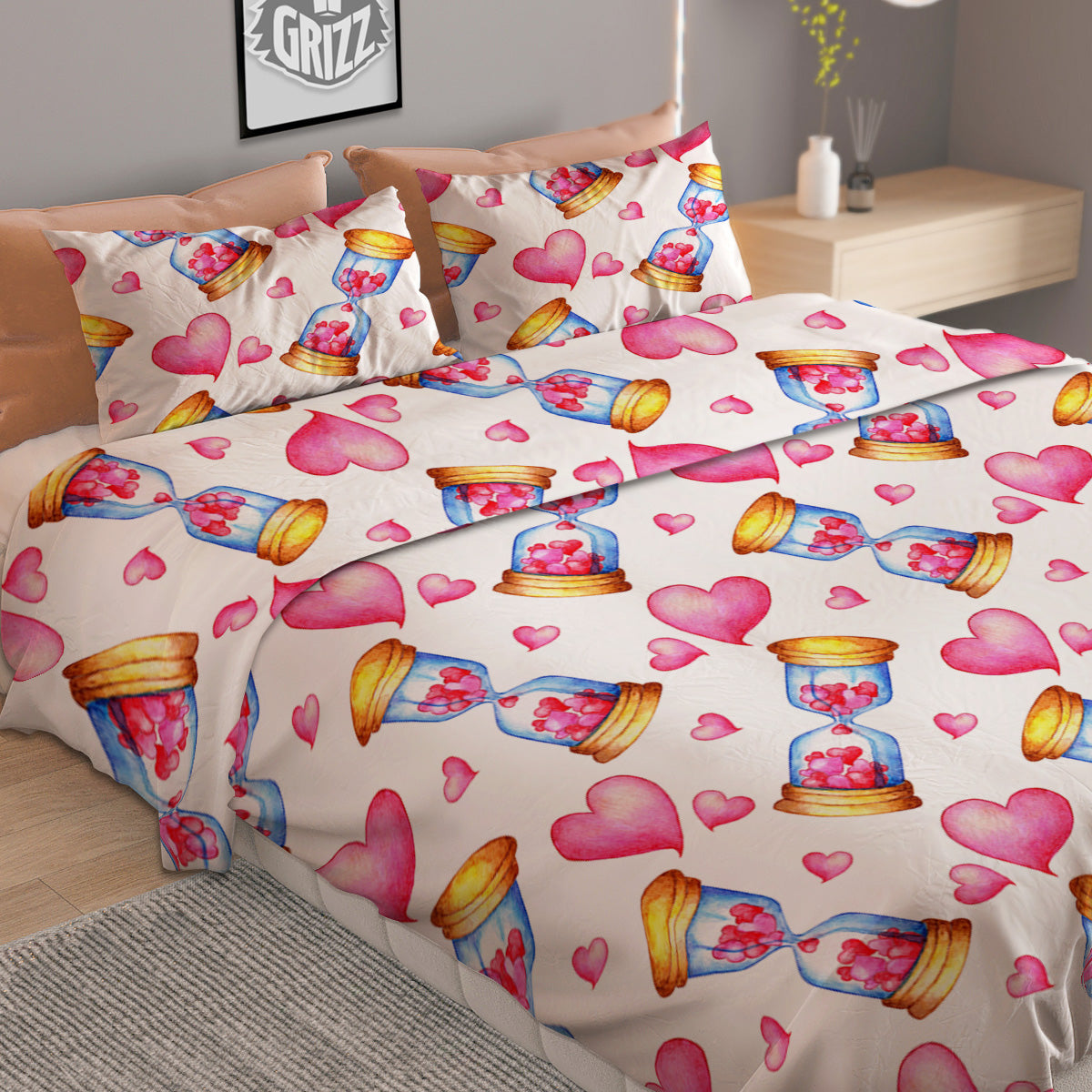 Cute Hourglass Hearts Print Pattern Duvet Cover Bedding Set