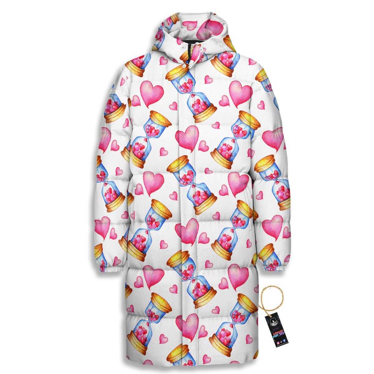Cute Hourglass Hearts Print Pattern Long Down Jacket-grizzshop