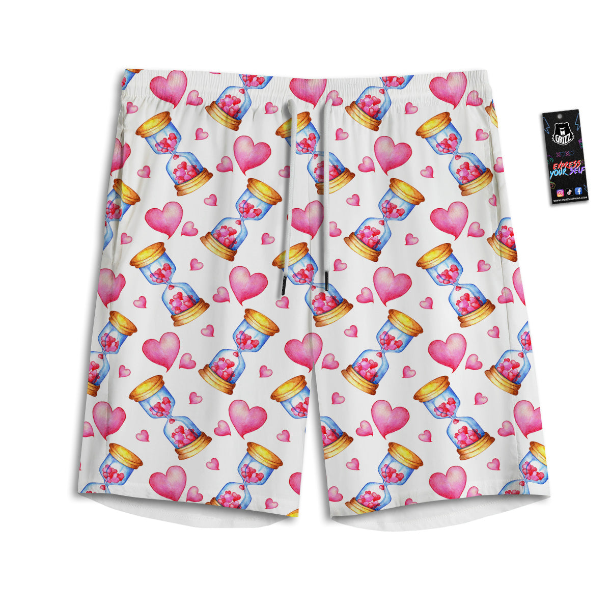 Cute Hourglass Hearts Print Pattern Men's Athletic Shorts