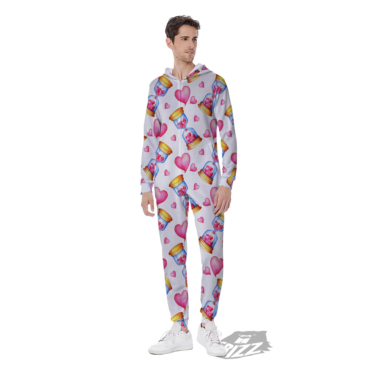 Cute Hourglass Hearts Print Pattern Men's Jumpsuit-grizzshop