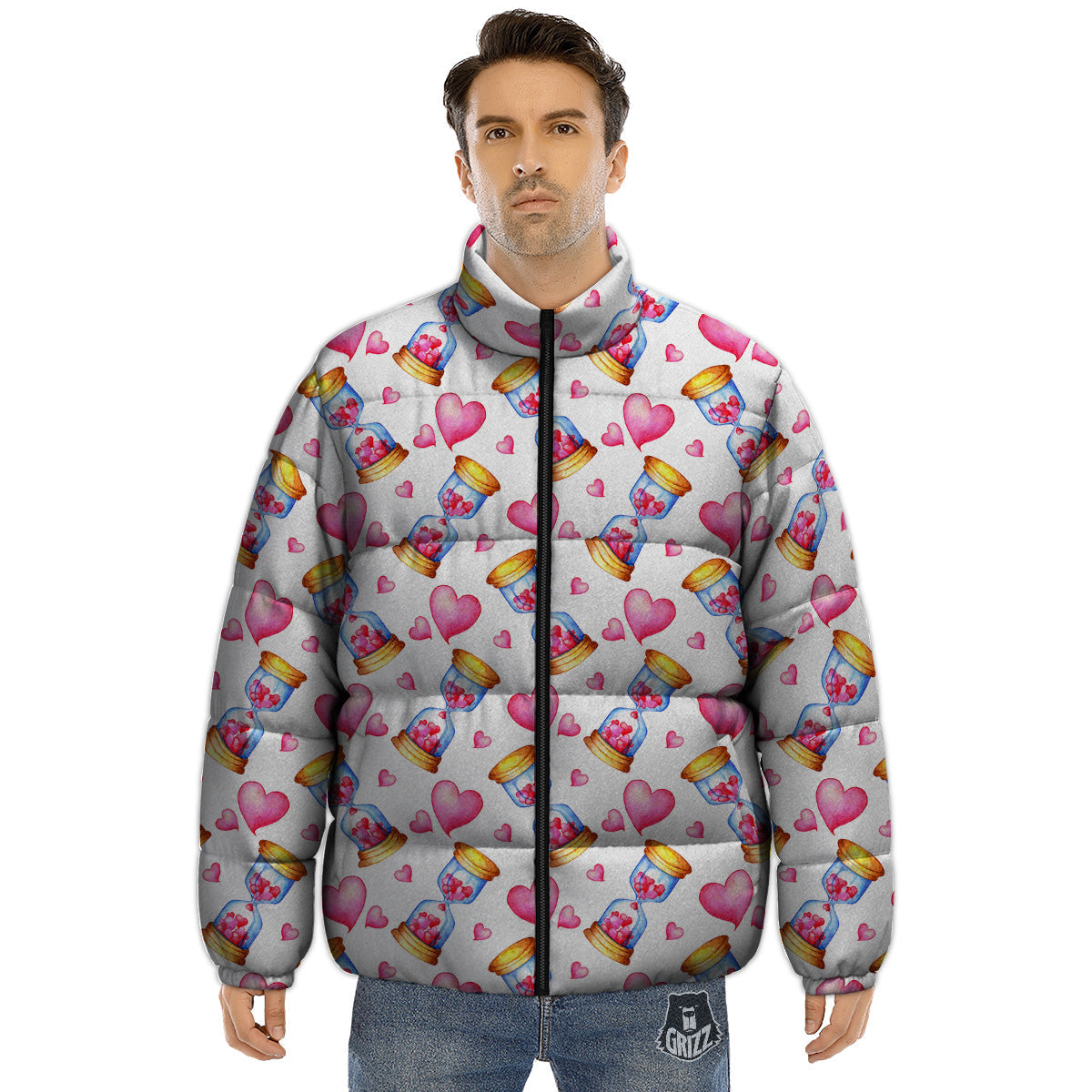 Cute Hourglass Hearts Print Pattern Puffer Jacket-grizzshop
