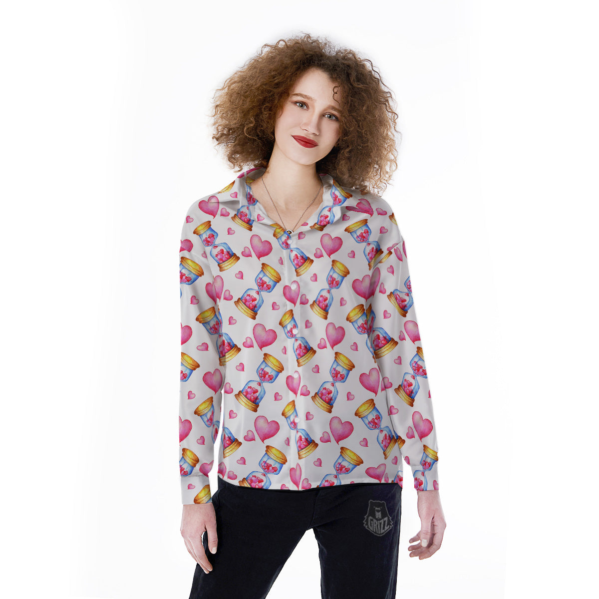 Cute Hourglass Hearts Print Pattern Women's Long Sleeve Shirts-grizzshop