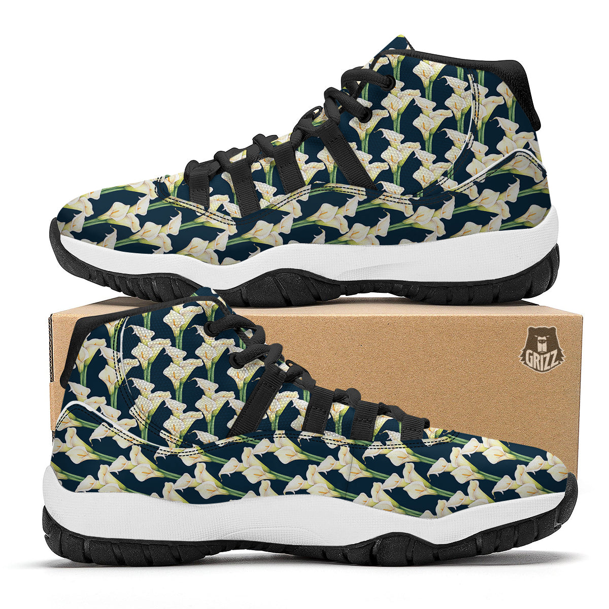 Cute Lily Watercolor Print Pattern Black Bball Shoes-grizzshop