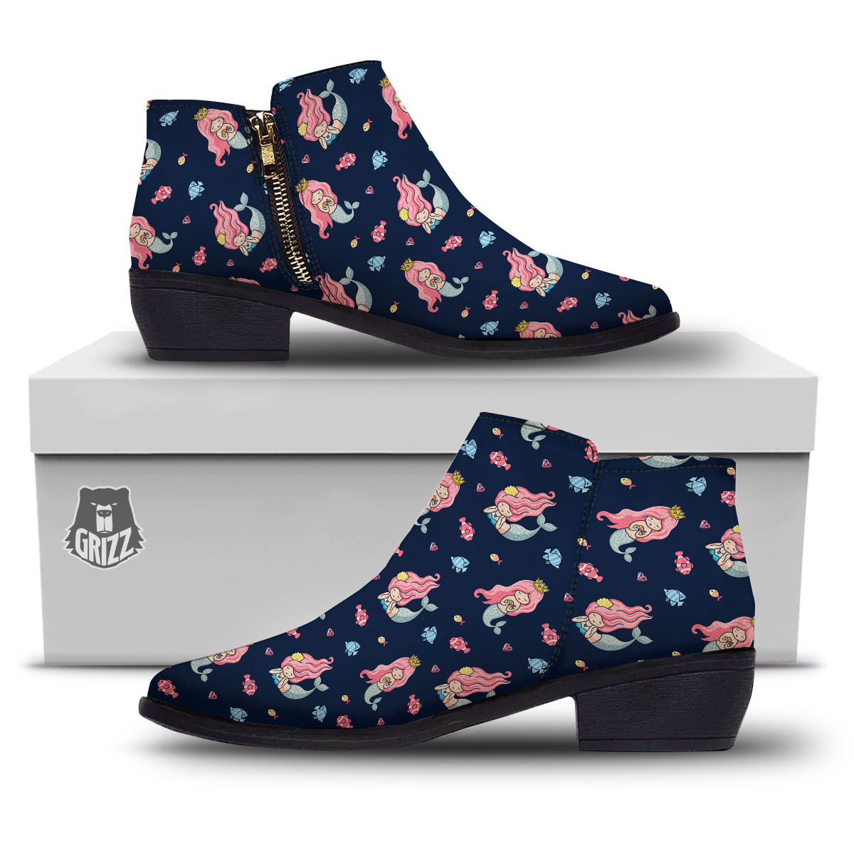 Cute Little Mermaid Print Pattern Ankle Boots-grizzshop