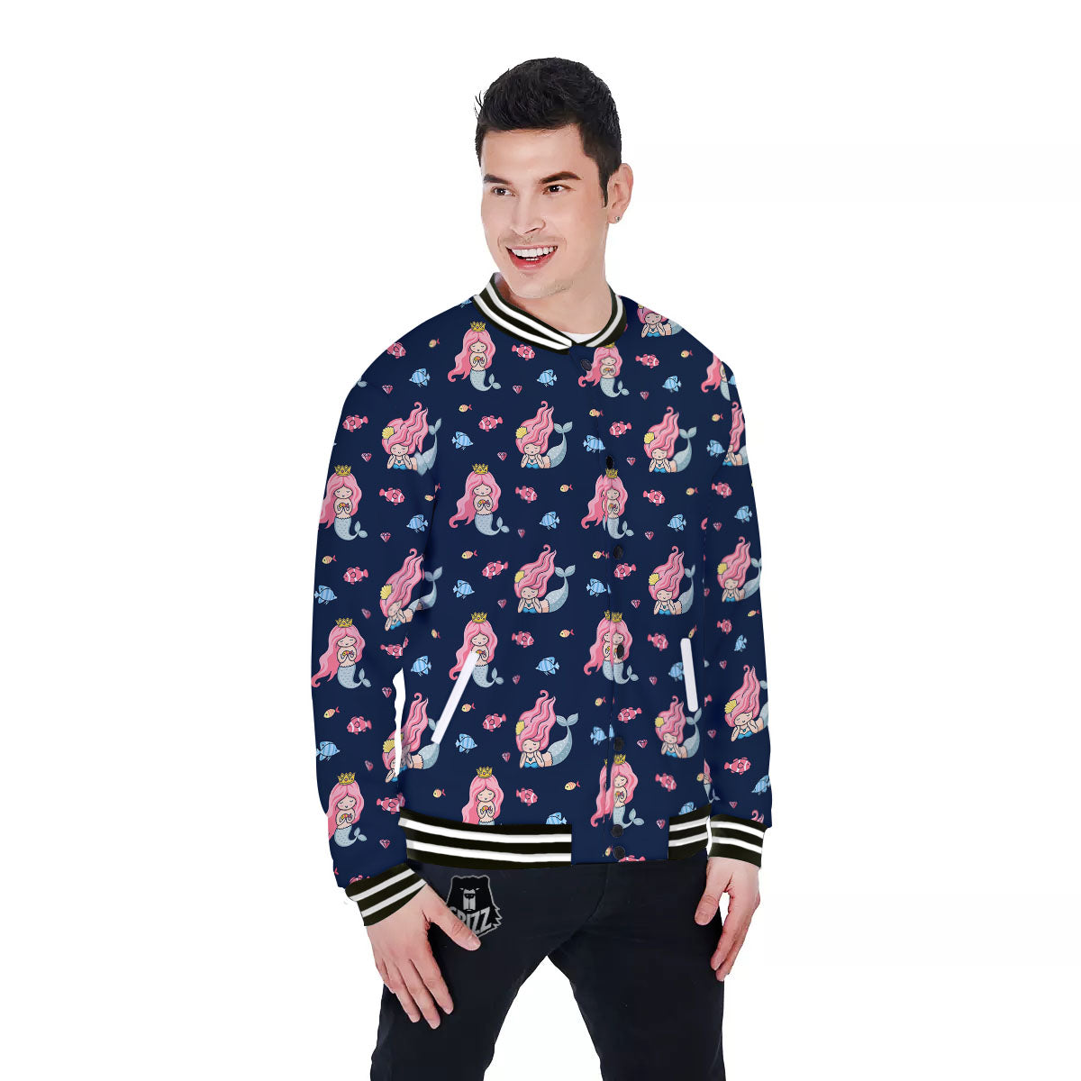Cute Little Mermaid Print Pattern Baseball Jacket-grizzshop