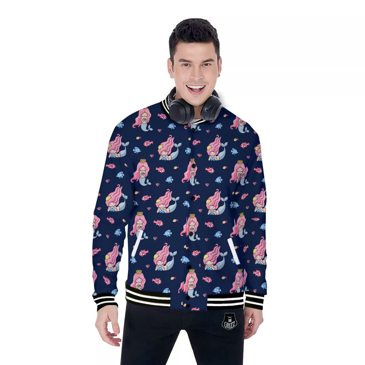 Cute Little Mermaid Print Pattern Baseball Jacket-grizzshop