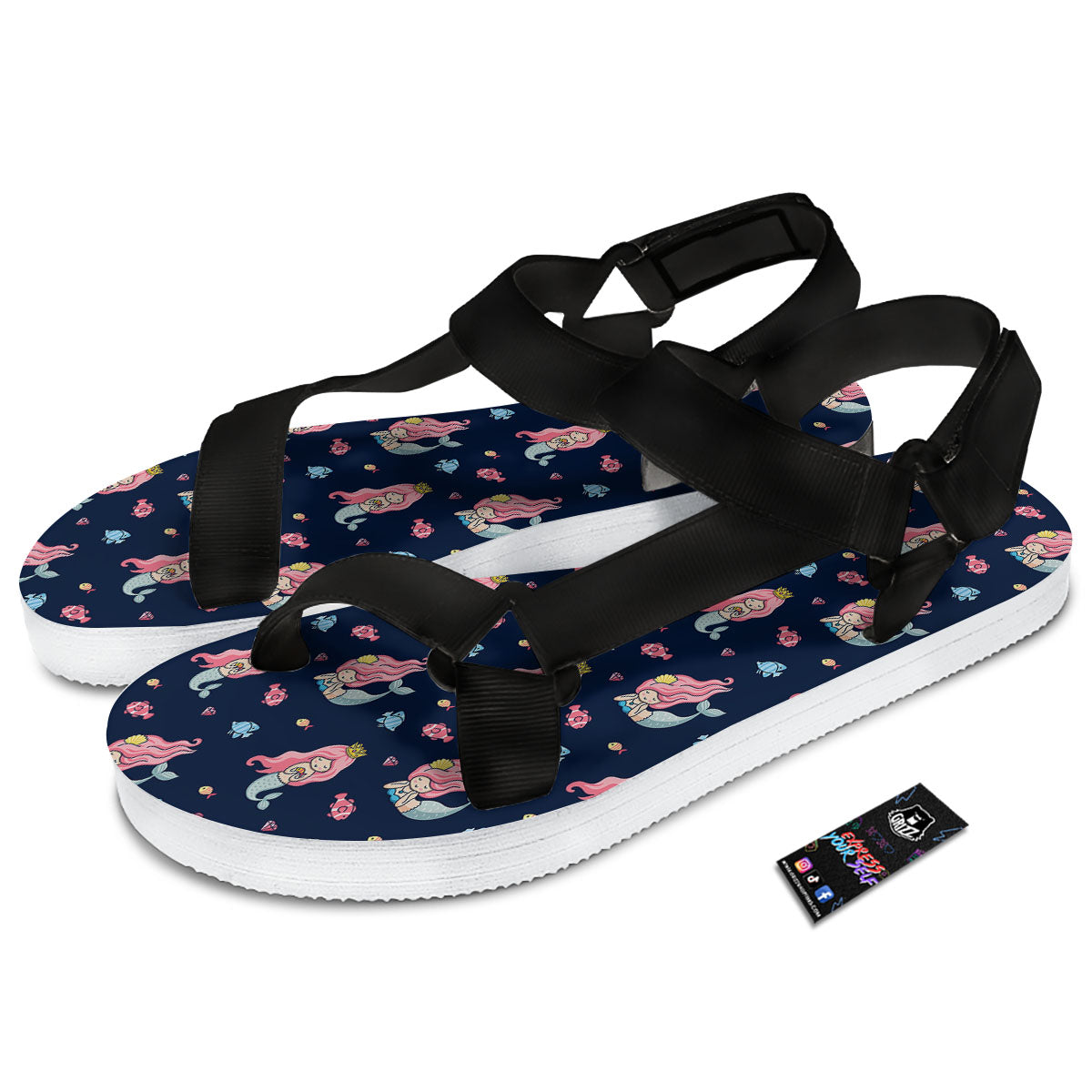 Cute Little Mermaid Print Pattern Black Open Toe Sandals-grizzshop