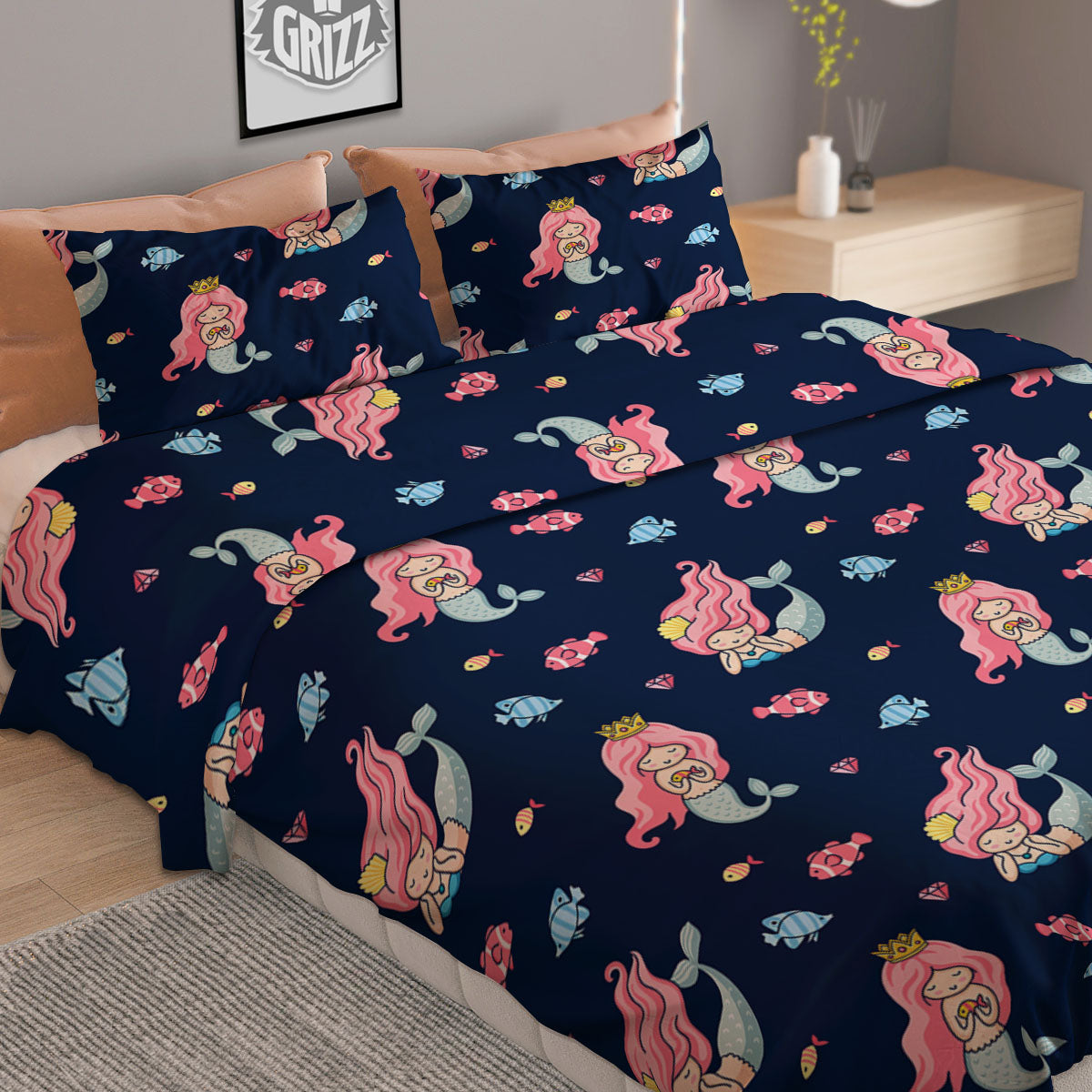 Cute Little Mermaid Print Pattern Duvet Cover Bedding Set