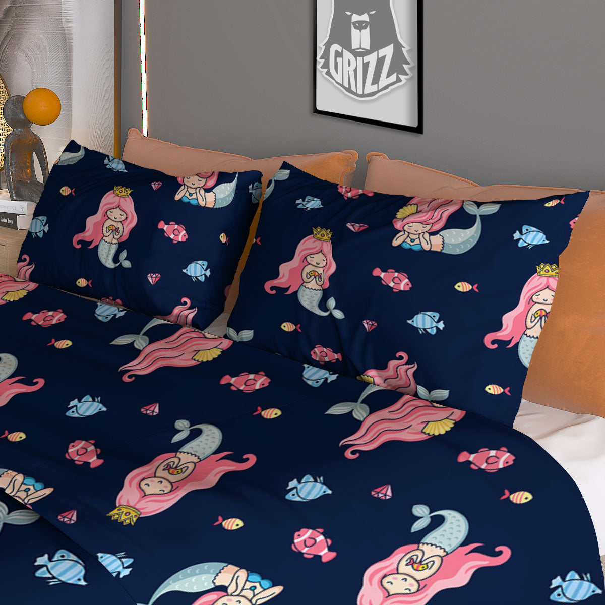 Cute Little Mermaid Print Pattern Duvet Cover Bedding Set