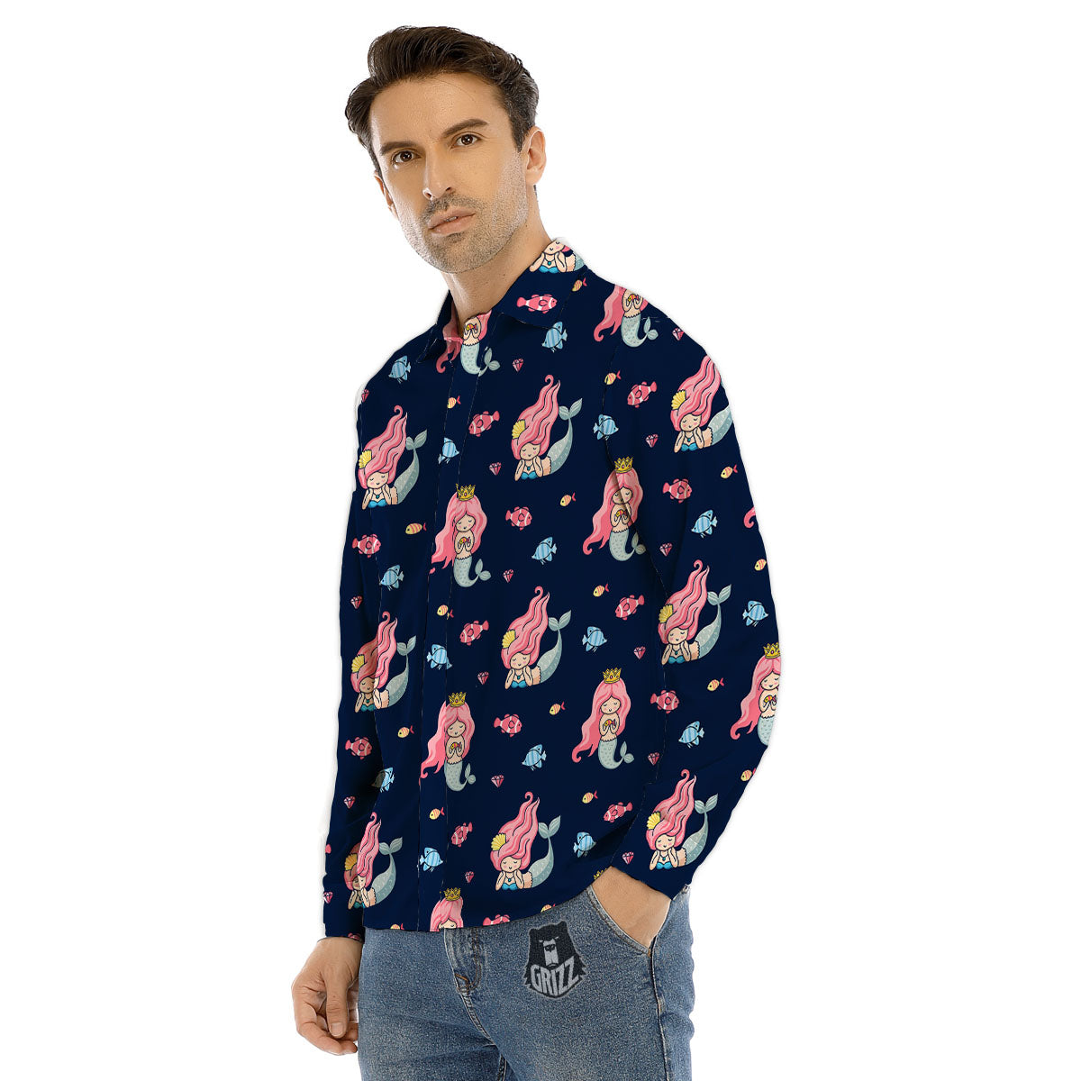 Cute Little Mermaid Print Pattern Men's Dress Shirts-grizzshop