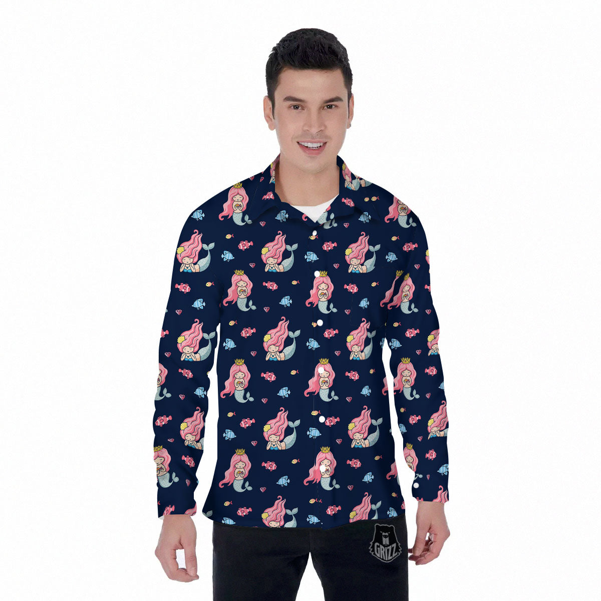 Cute Little Mermaid Print Pattern Men's Long Sleeve Shirts-grizzshop
