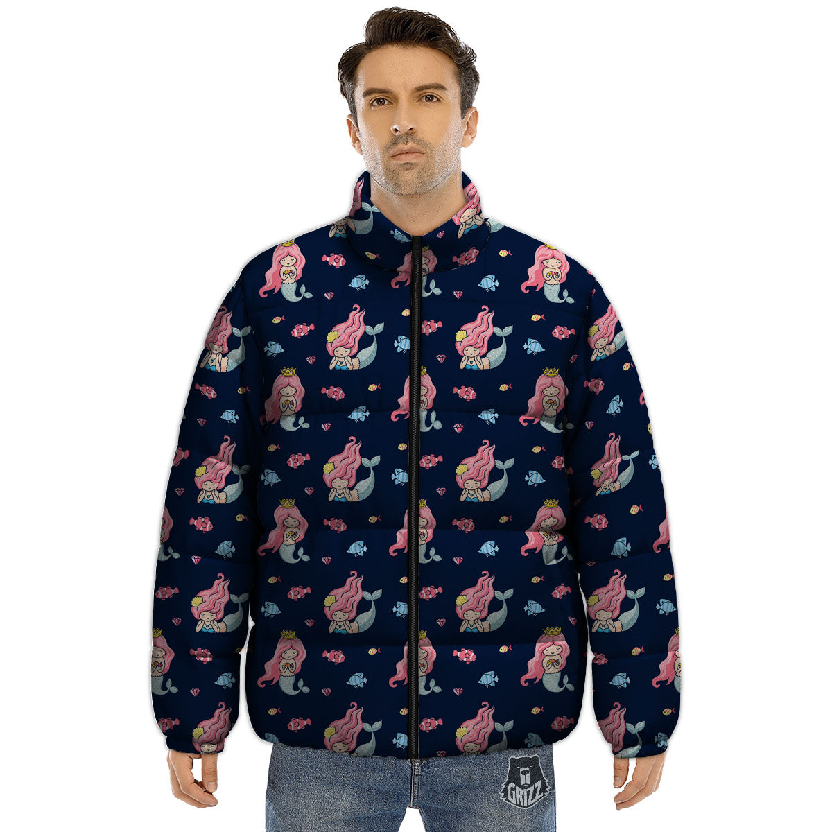 Cute Little Mermaid Print Pattern Puffer Jacket-grizzshop