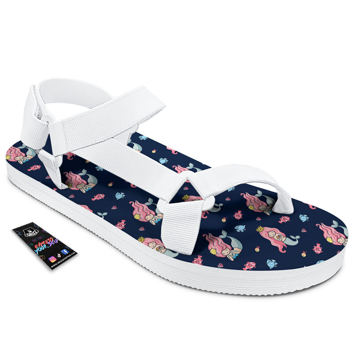 Cute Little Mermaid Print Pattern White Open Toe Sandals-grizzshop