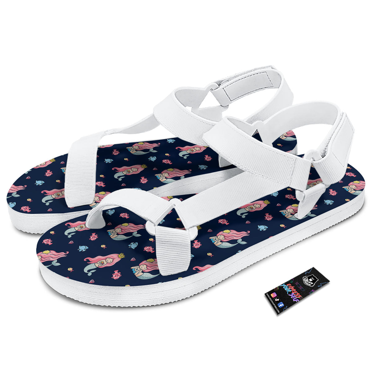 Cute Little Mermaid Print Pattern White Open Toe Sandals-grizzshop