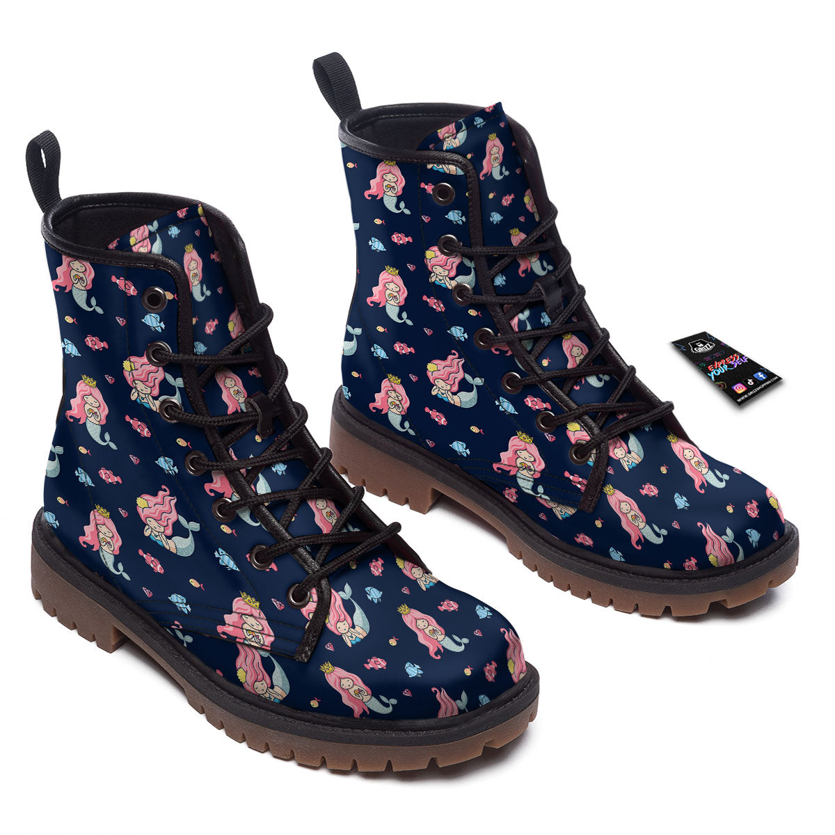 Cute Little Mermaid Print Pattern Work Boots-grizzshop