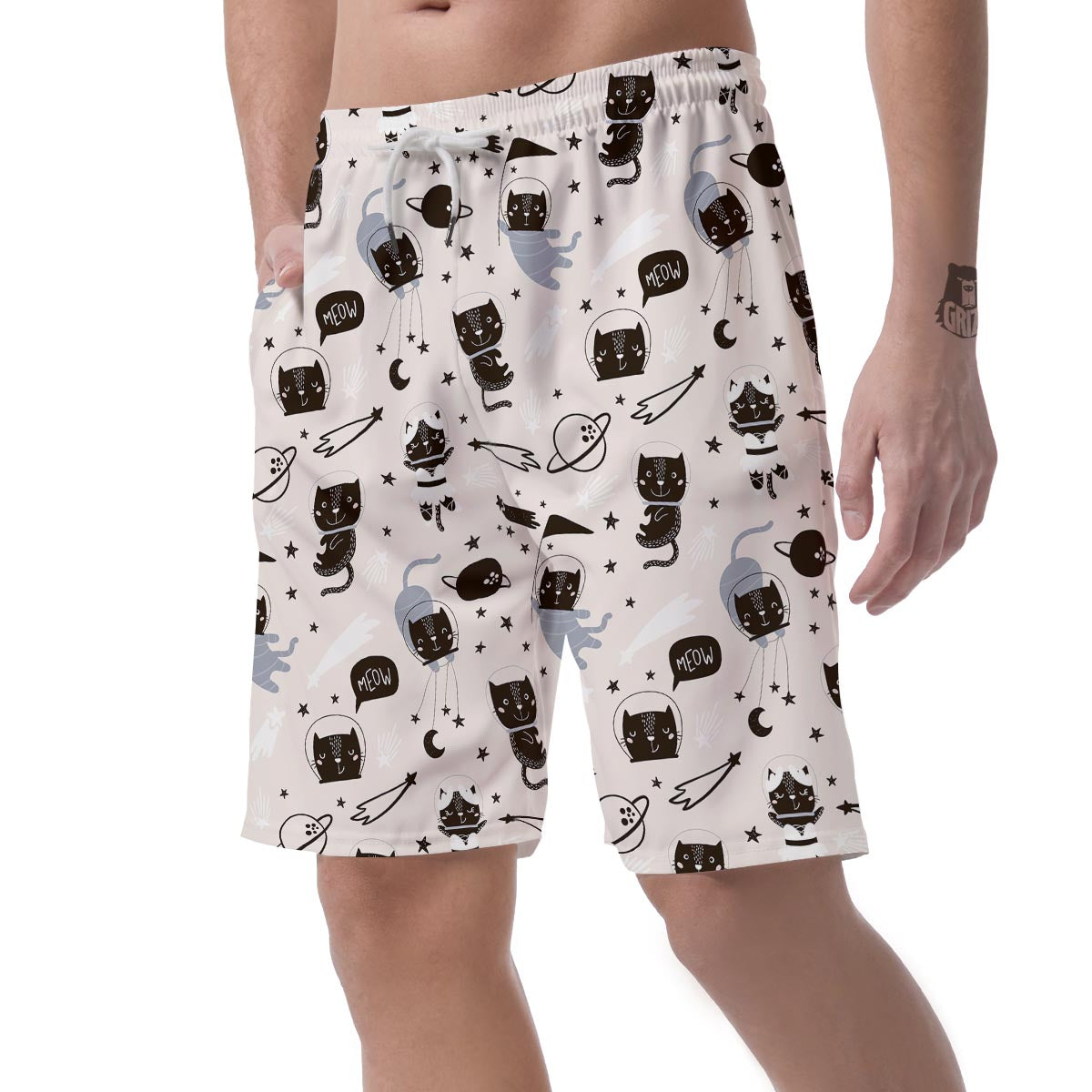 Cute Meow Astronaut Cat Print Men's Shorts-grizzshop