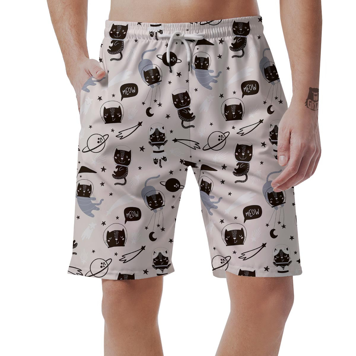 Cute Meow Astronaut Cat Print Men's Shorts-grizzshop