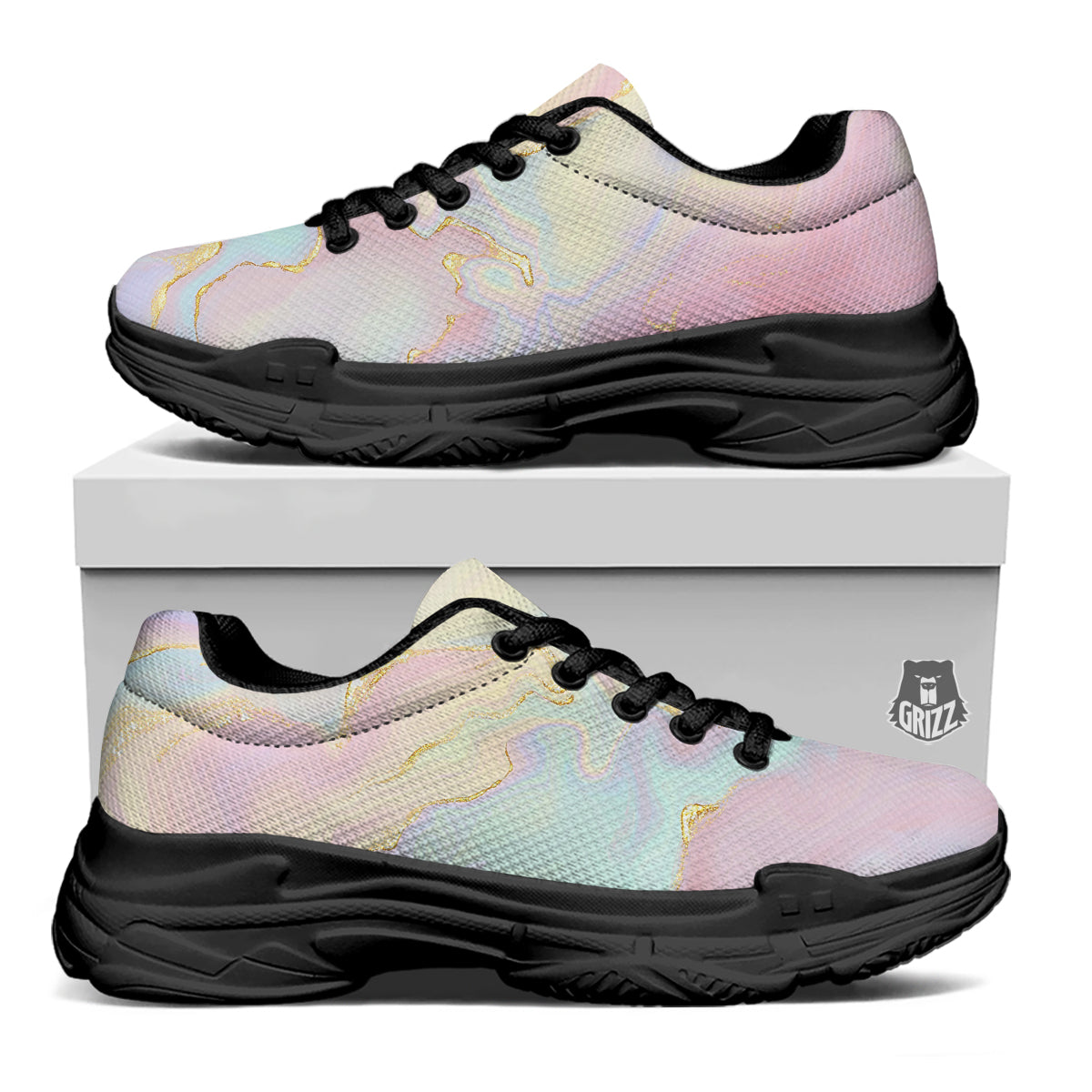 Cute Pastel Gold Marble Print Black Chunky Shoes-grizzshop