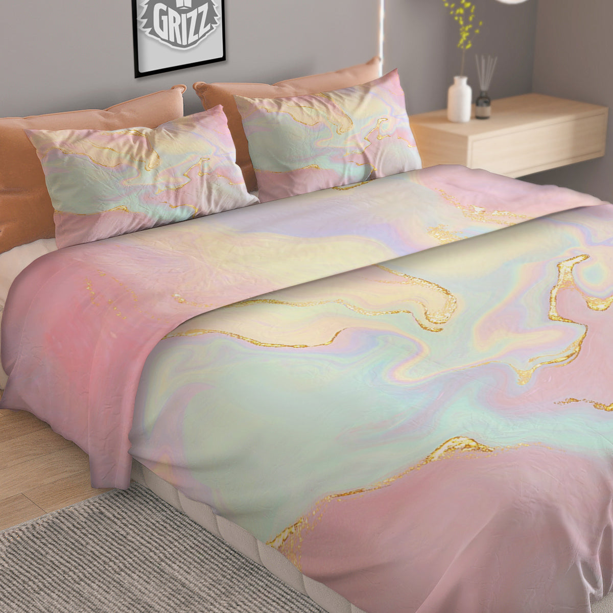 Cute Pastel Gold Marble Print Duvet Cover Bedding Set