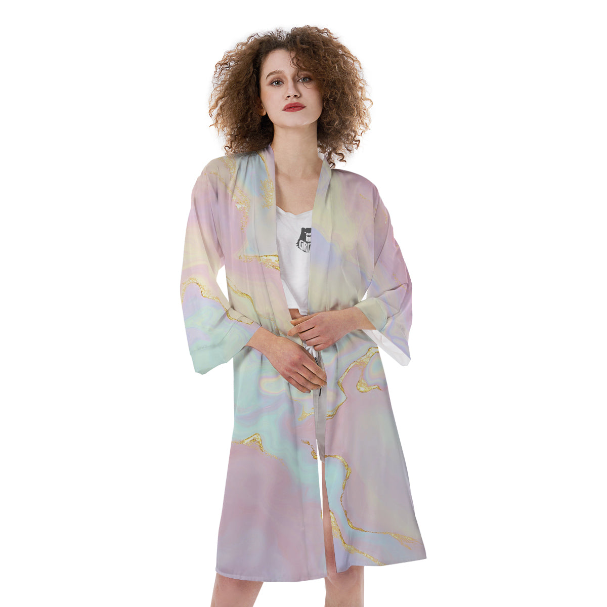 Cute Pastel Gold Marble Print Kimono-grizzshop