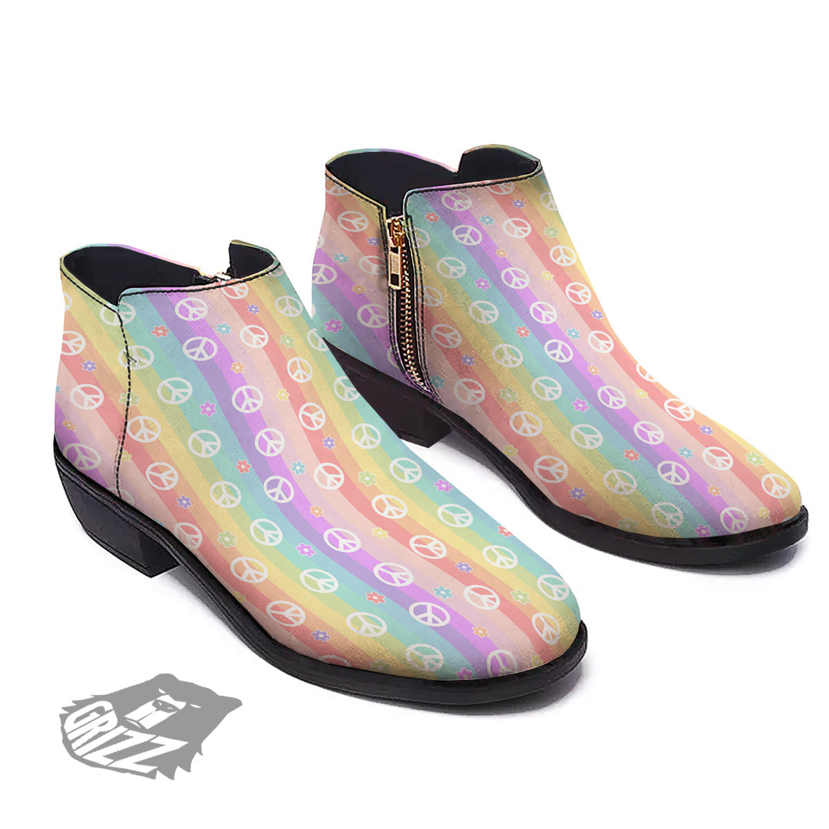 Cute Peace Symbol And Daisy Print Pattern Ankle Boots-grizzshop