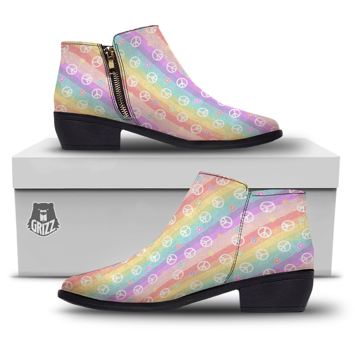 Cute Peace Symbol And Daisy Print Pattern Ankle Boots-grizzshop
