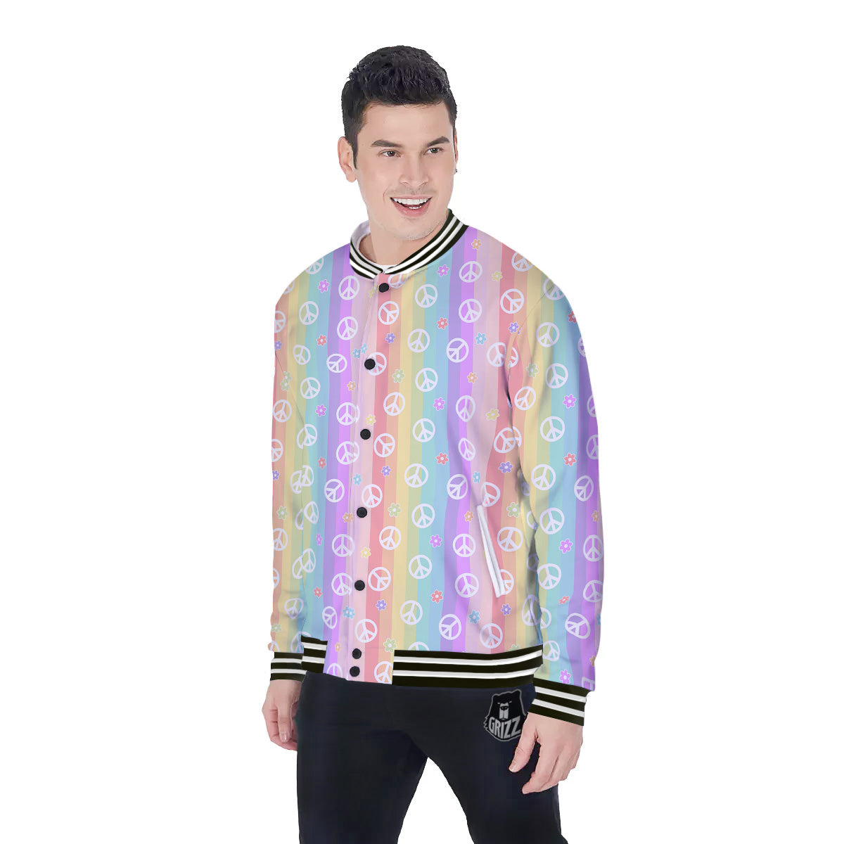 Cute Peace Symbol And Daisy Print Pattern Baseball Jacket-grizzshop
