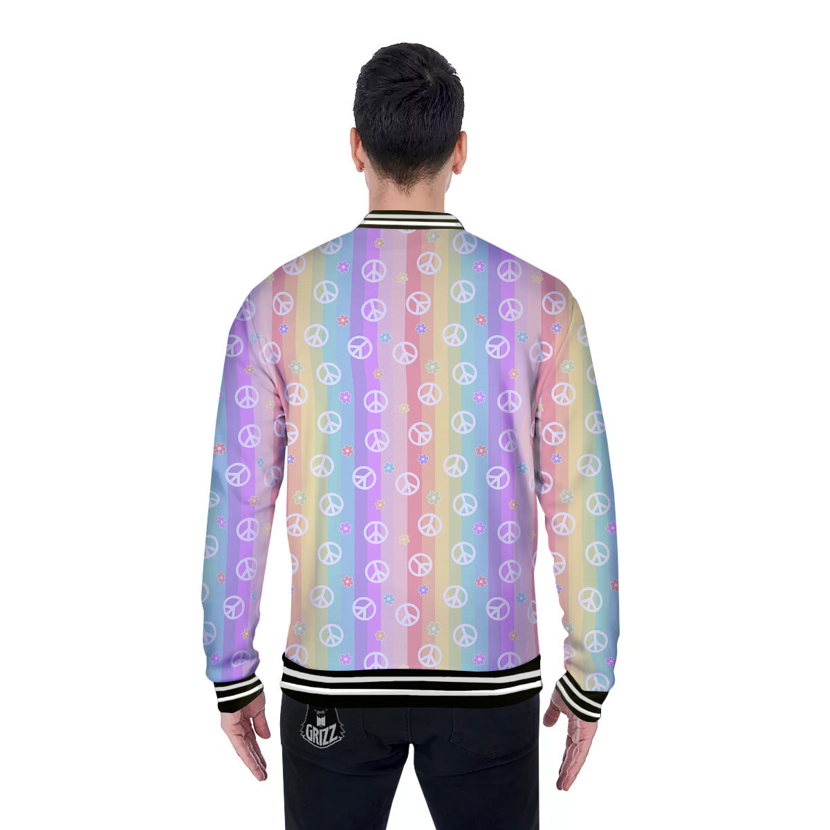 Cute Peace Symbol And Daisy Print Pattern Baseball Jacket-grizzshop