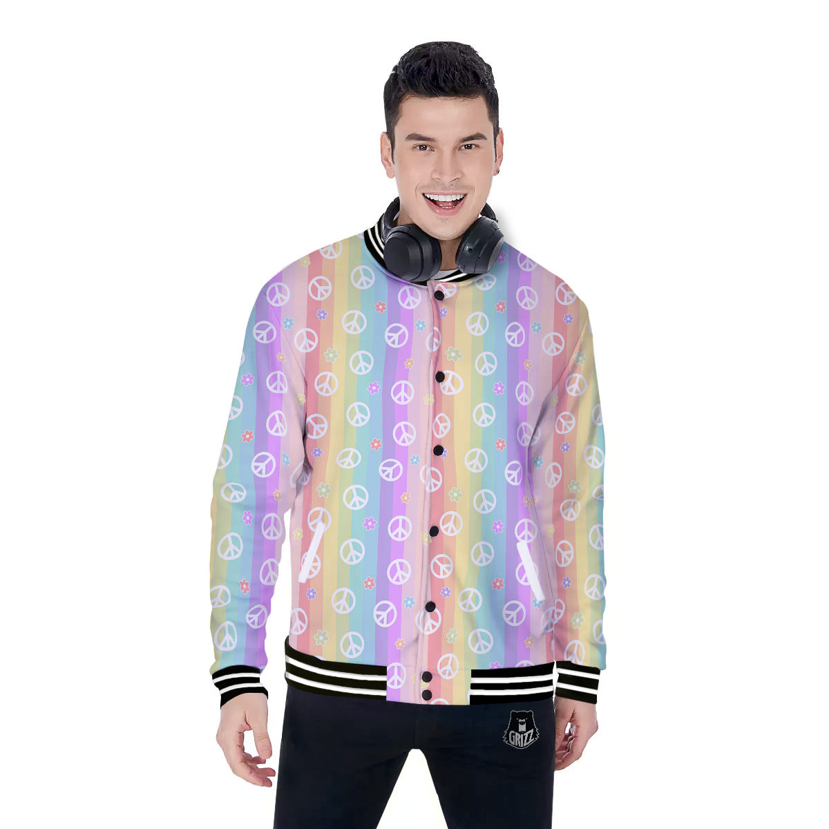 Cute Peace Symbol And Daisy Print Pattern Baseball Jacket-grizzshop