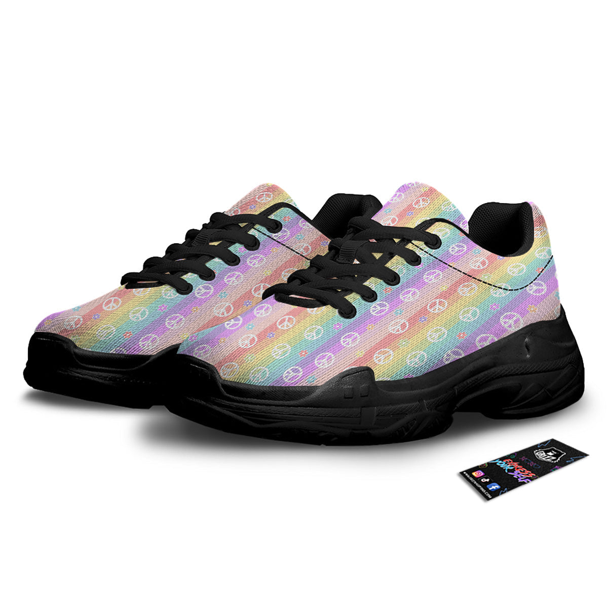 Cute Peace Symbol And Daisy Print Pattern Black Chunky Shoes-grizzshop