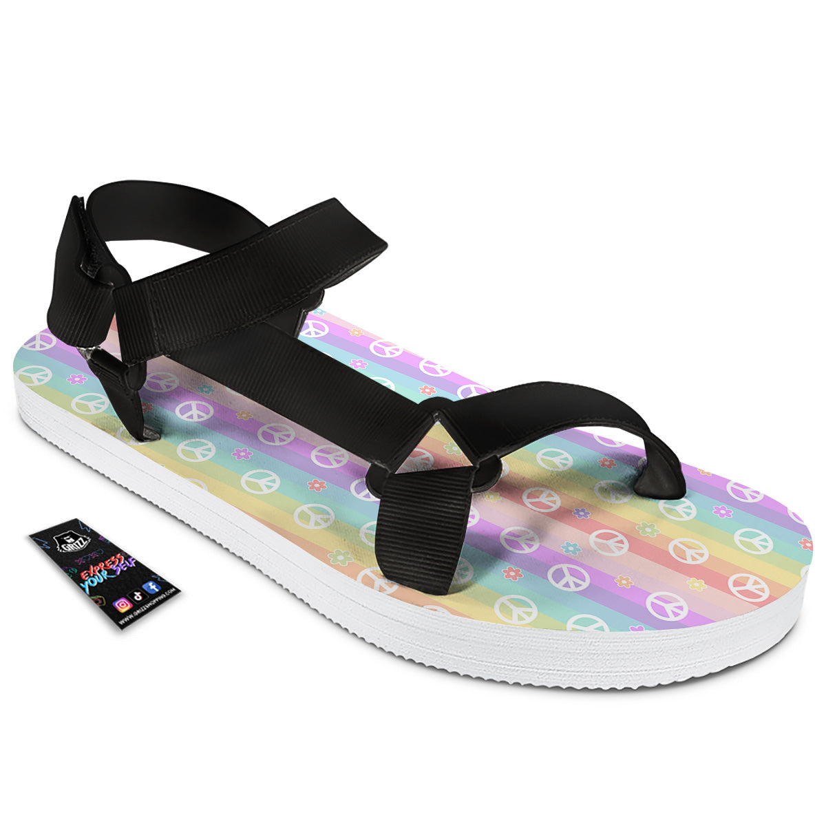 Cute Peace Symbol And Daisy Print Pattern Black Open Toe Sandals-grizzshop