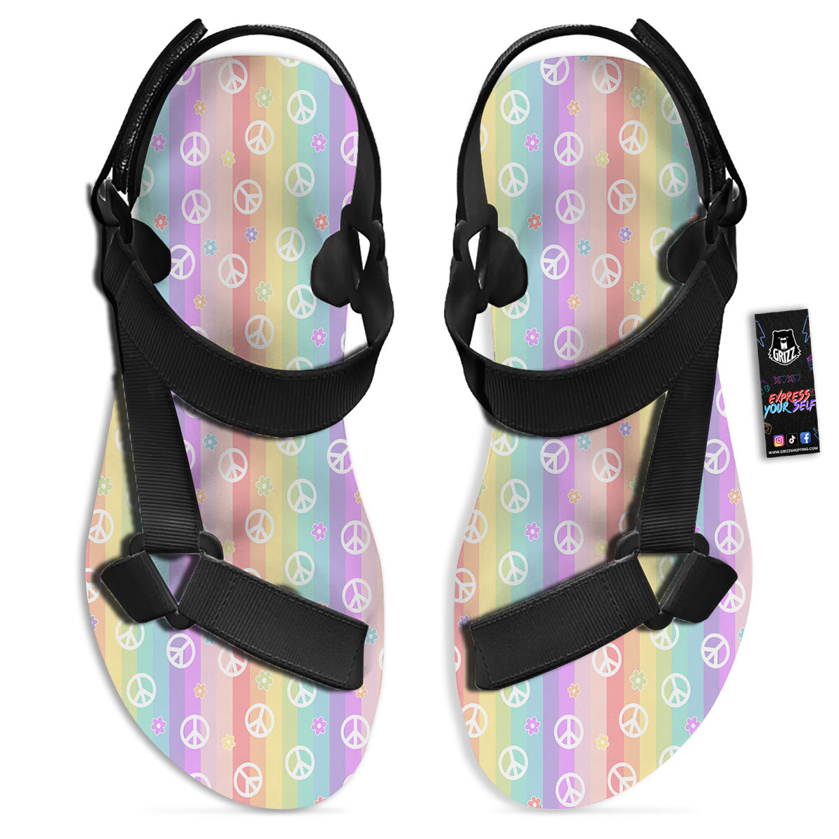 Cute Peace Symbol And Daisy Print Pattern Black Open Toe Sandals-grizzshop