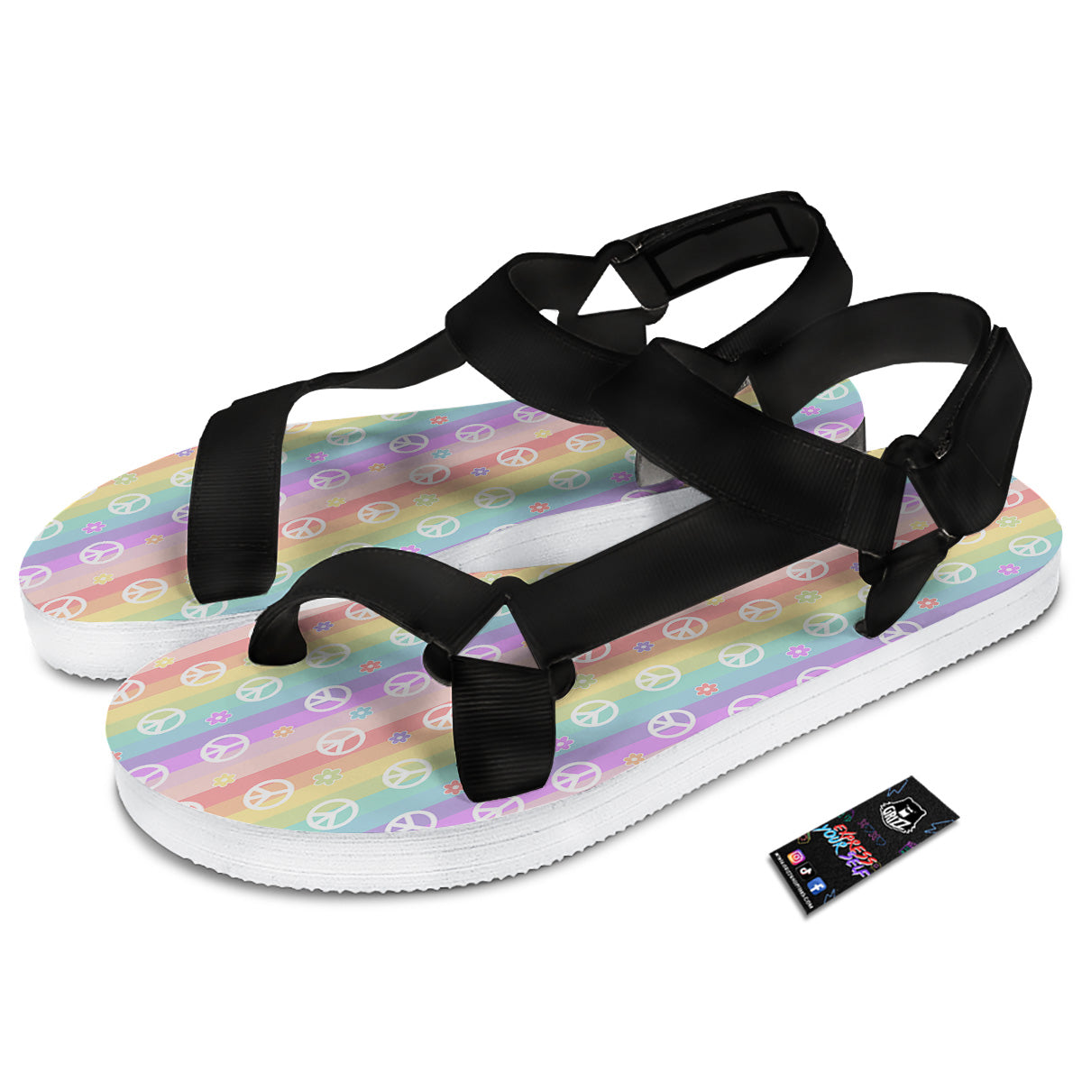 Cute Peace Symbol And Daisy Print Pattern Black Open Toe Sandals-grizzshop