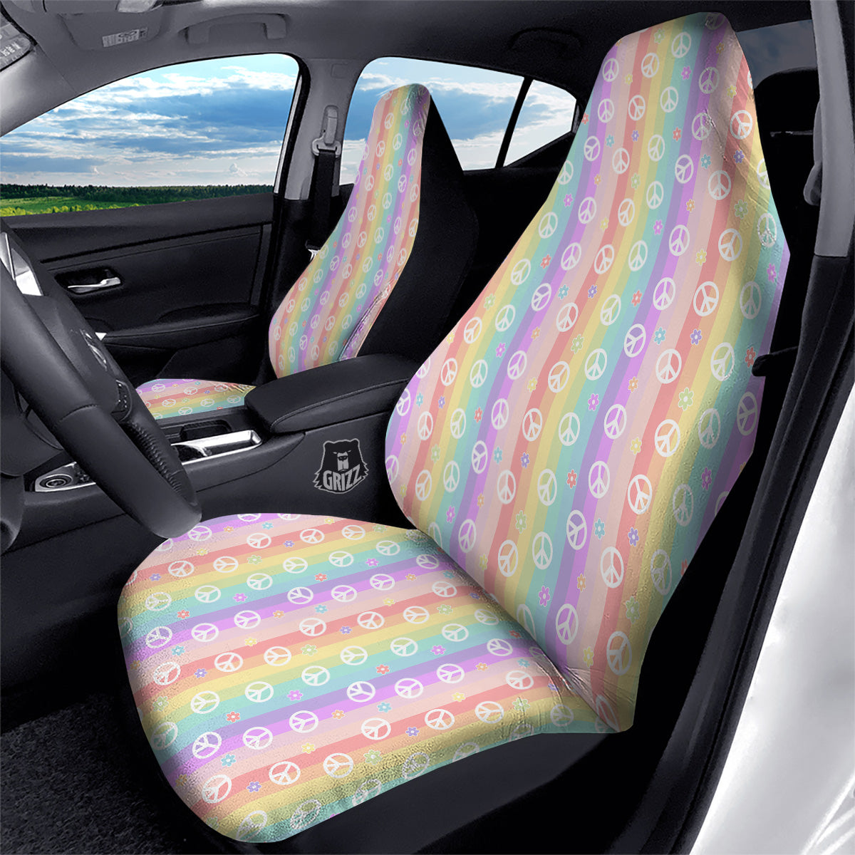 Cute Peace Symbol And Daisy Print Pattern Car Seat Covers-grizzshop