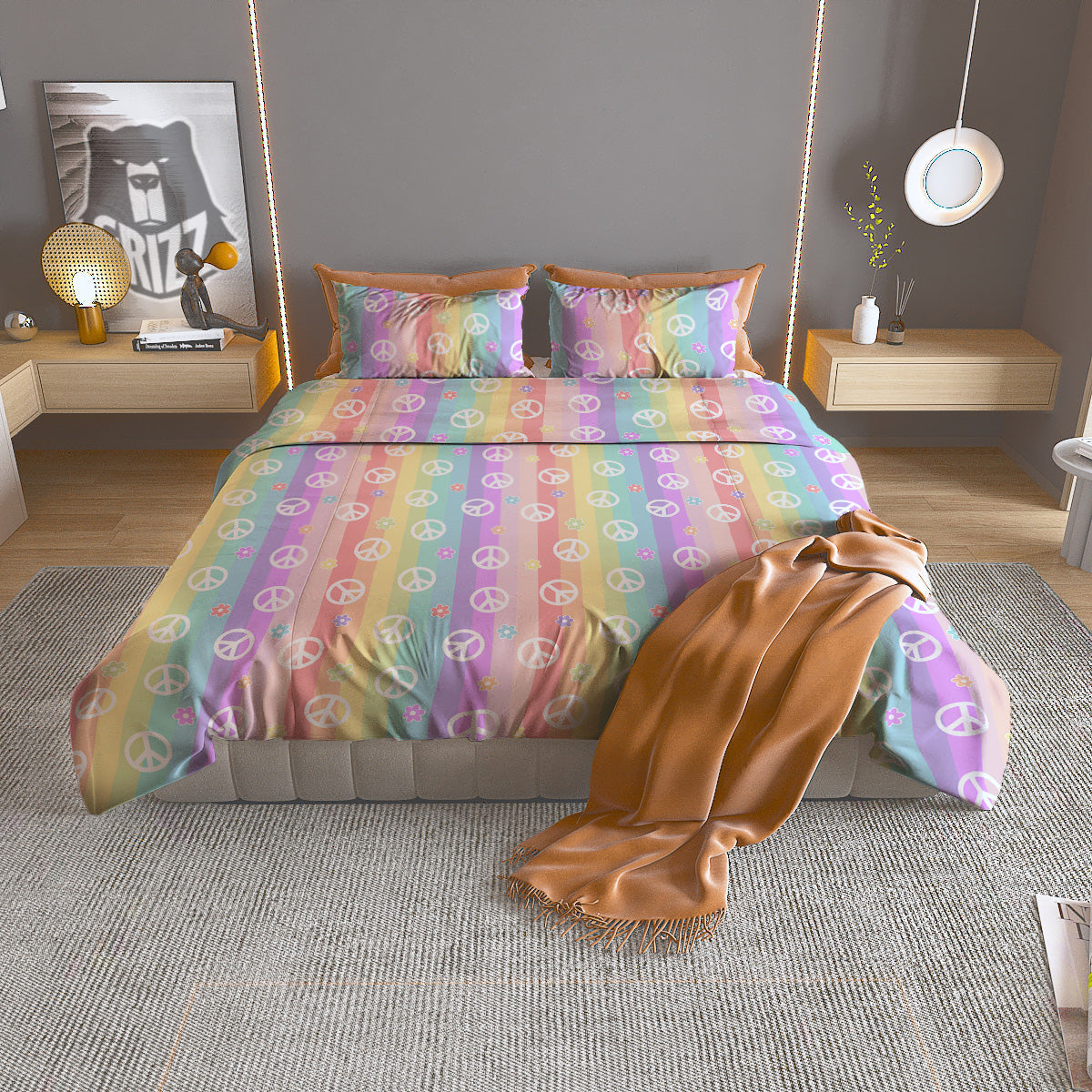 Cute Peace Symbol And Daisy Print Pattern Duvet Cover Bedding Set