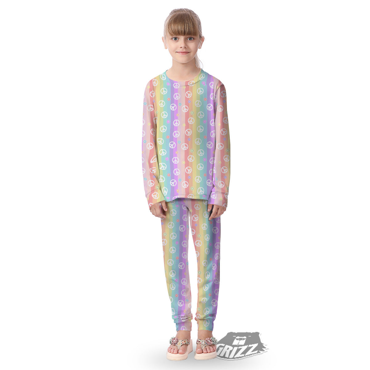 Cute Peace Symbol And Daisy Print Pattern Kid's Pajamas-grizzshop