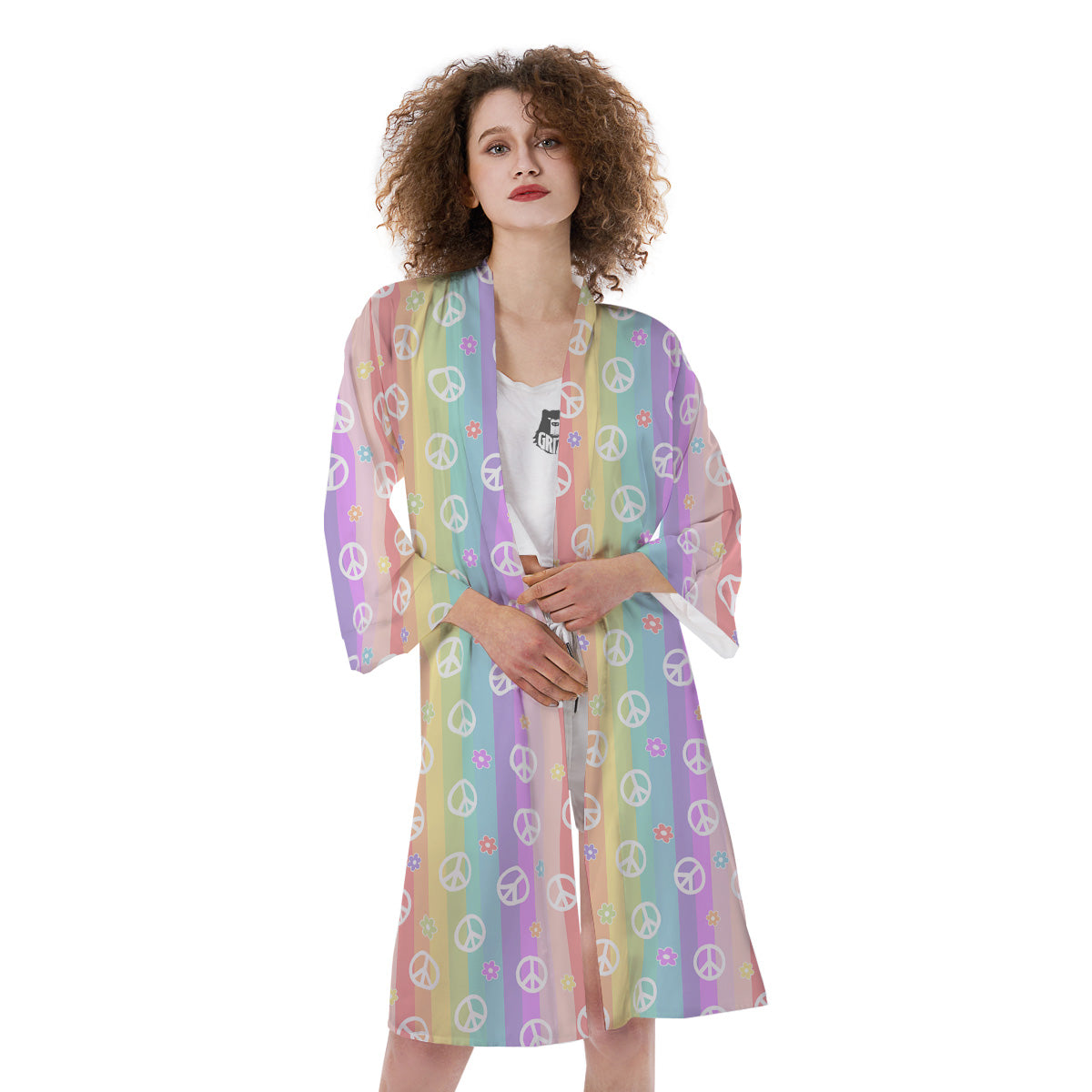 Cute Peace Symbol And Daisy Print Pattern Kimono-grizzshop