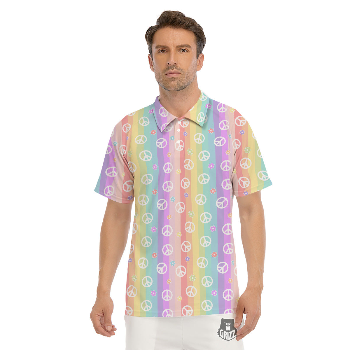 Cute Peace Symbol And Daisy Print Pattern Men's Golf Shirts-grizzshop
