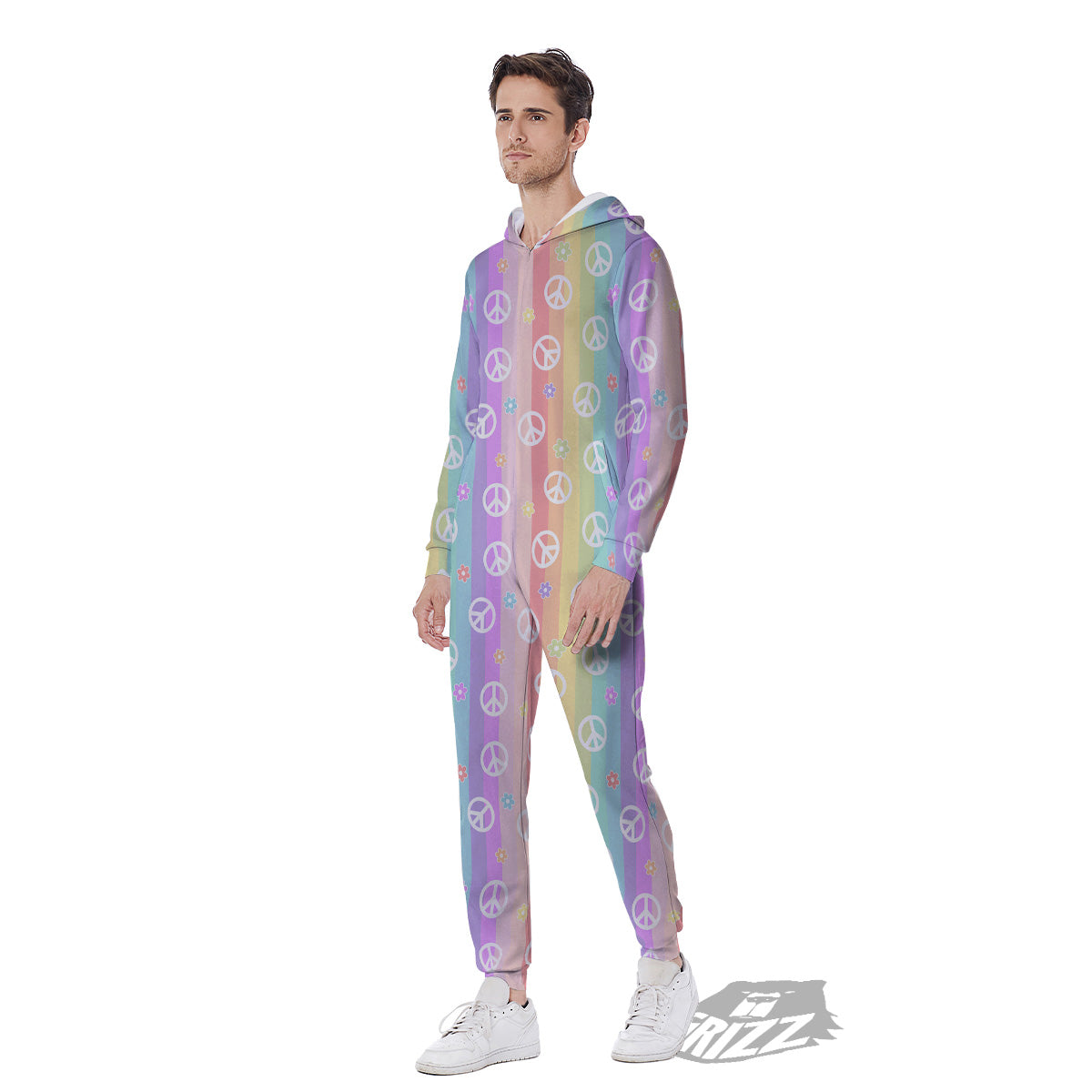 Cute Peace Symbol And Daisy Print Pattern Men's Jumpsuit-grizzshop